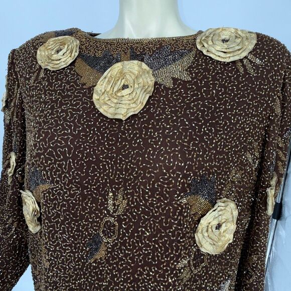 Saks Fifth Avenue Tops - Vintage Joan Leslie Studio Silk Beaded Floral Top Saks Fifth Avenue 2X Brown Gol